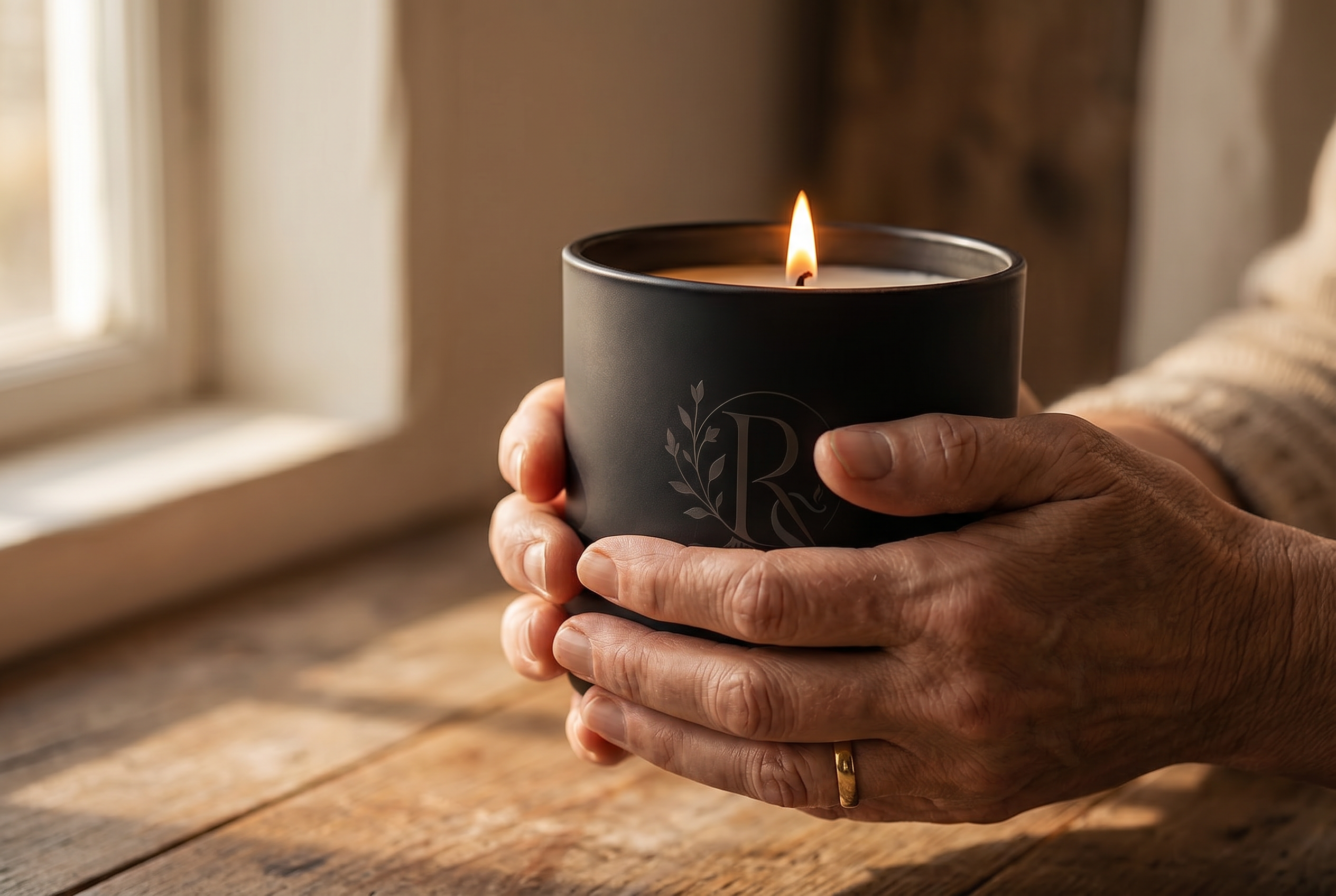 Hands holding a Raíz Solenne candle